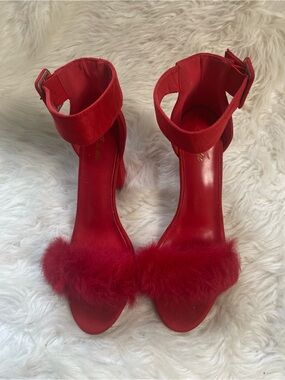 Jiu du synthetic Red suede Ankle-Block heels faux Fur Detail SZ 11.5